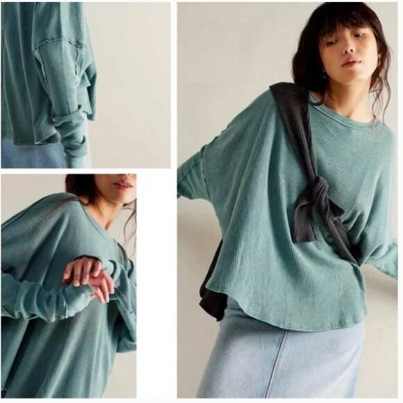 Free People Microphone Drop Thermal Silver Pine Acid Wash Green size Small NWT - Picture 5 of 10